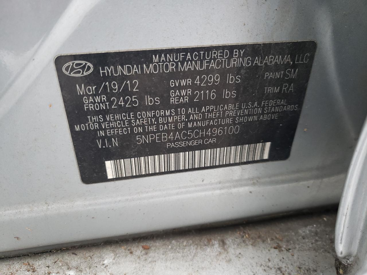 Photo 11 VIN: 5NPEB4AC5CH496100 - HYUNDAI SONATA 