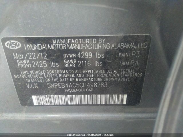 Photo 8 VIN: 5NPEB4AC5CH498283 - HYUNDAI SONATA 