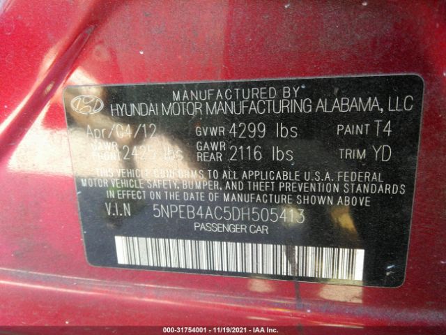 Photo 8 VIN: 5NPEB4AC5DH505413 - HYUNDAI SONATA 