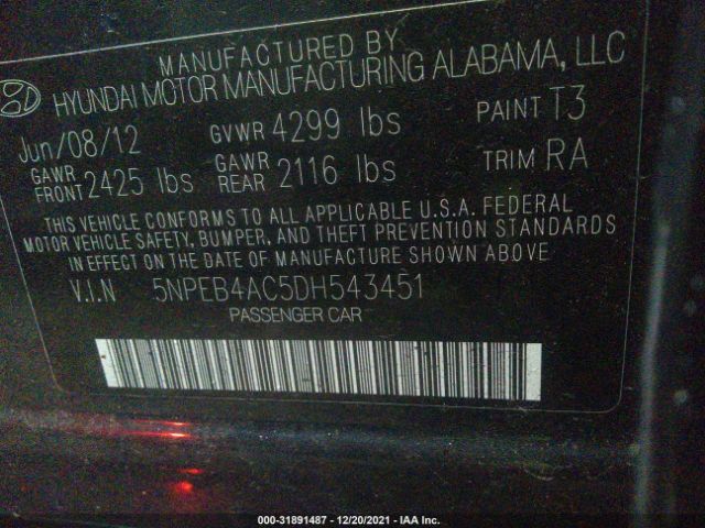 Photo 8 VIN: 5NPEB4AC5DH543451 - HYUNDAI SONATA 