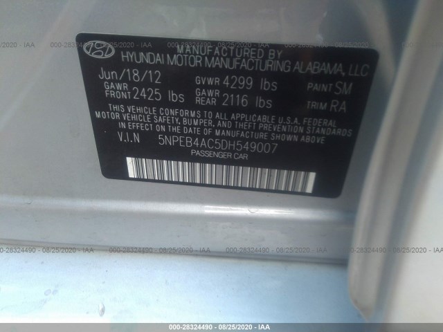 Photo 8 VIN: 5NPEB4AC5DH549007 - HYUNDAI SONATA 