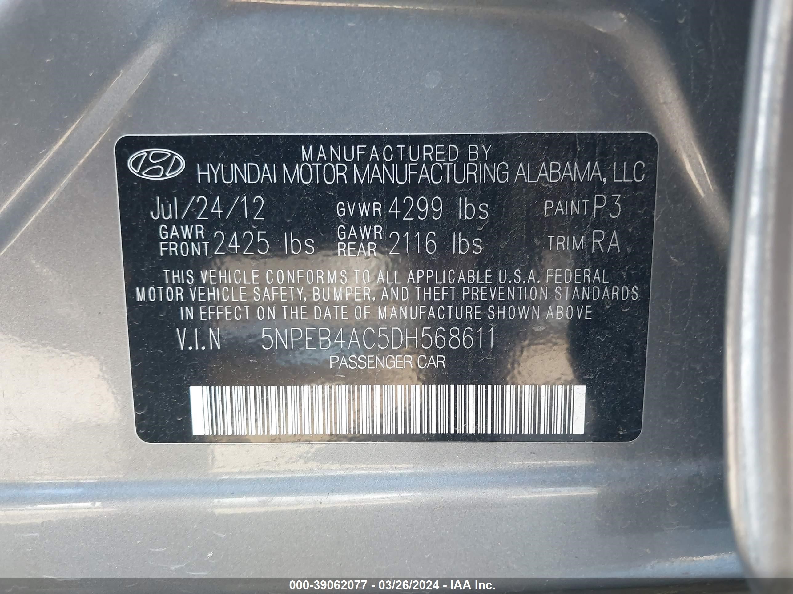 Photo 8 VIN: 5NPEB4AC5DH568611 - HYUNDAI SONATA 