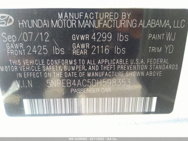 Photo 8 VIN: 5NPEB4AC5DH598353 - HYUNDAI SONATA 