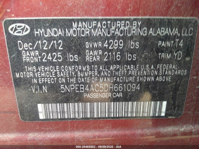 Photo 8 VIN: 5NPEB4AC5DH661094 - HYUNDAI SONATA 