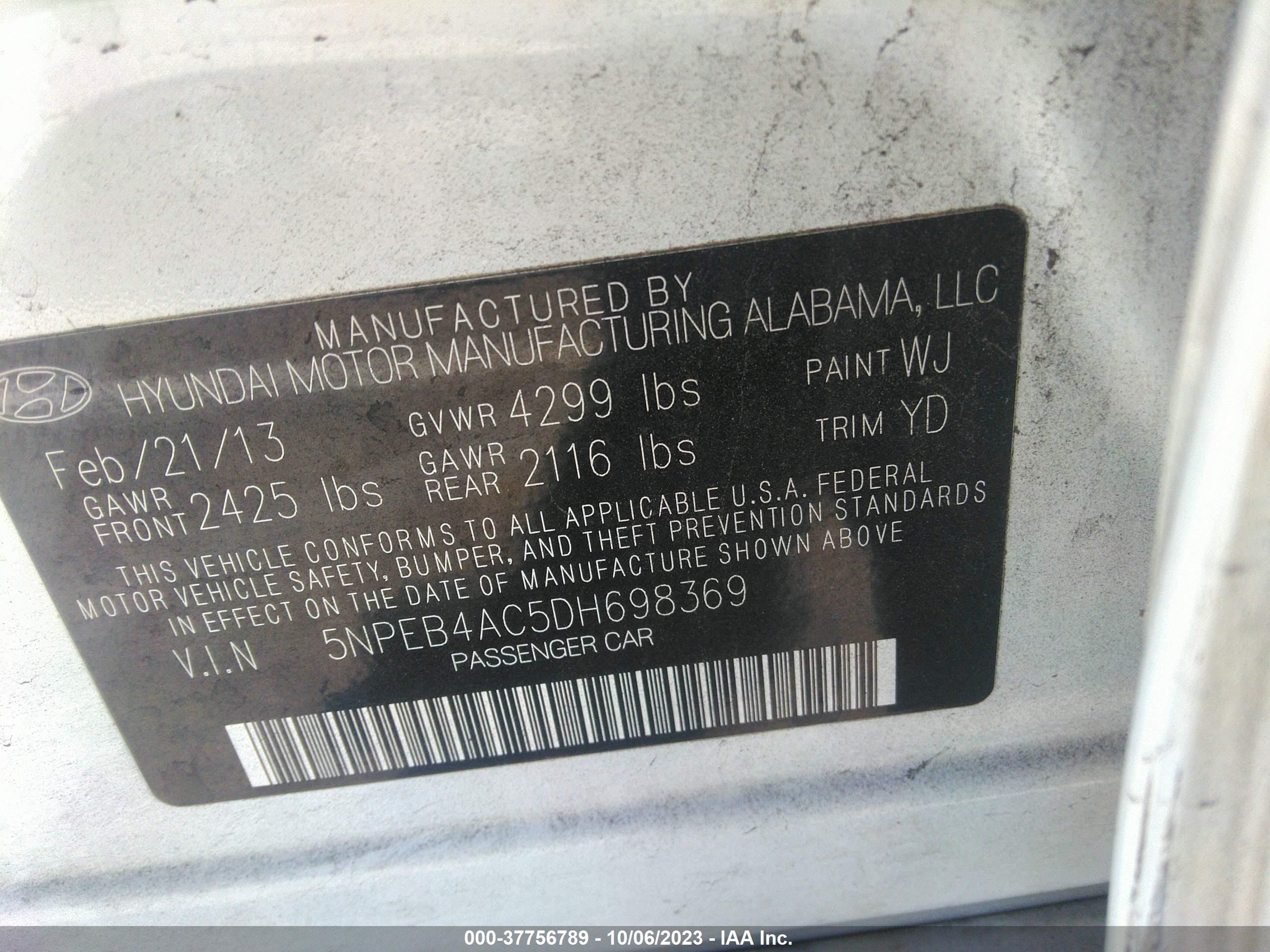 Photo 8 VIN: 5NPEB4AC5DH698369 - HYUNDAI SONATA 