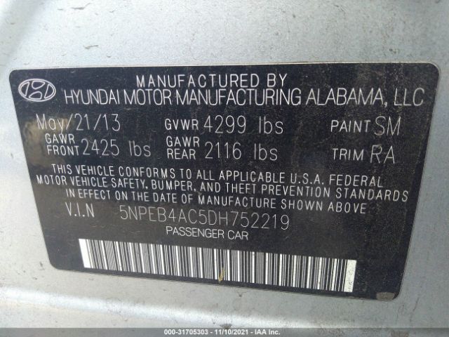 Photo 8 VIN: 5NPEB4AC5DH752219 - HYUNDAI SONATA 