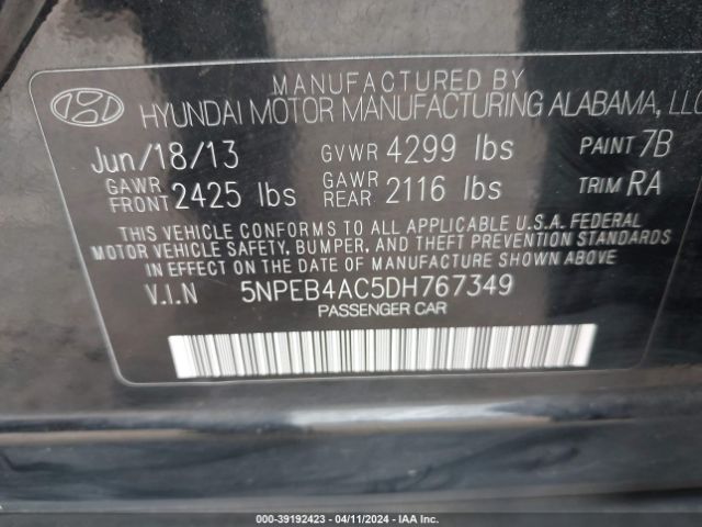 Photo 8 VIN: 5NPEB4AC5DH767349 - HYUNDAI SONATA 