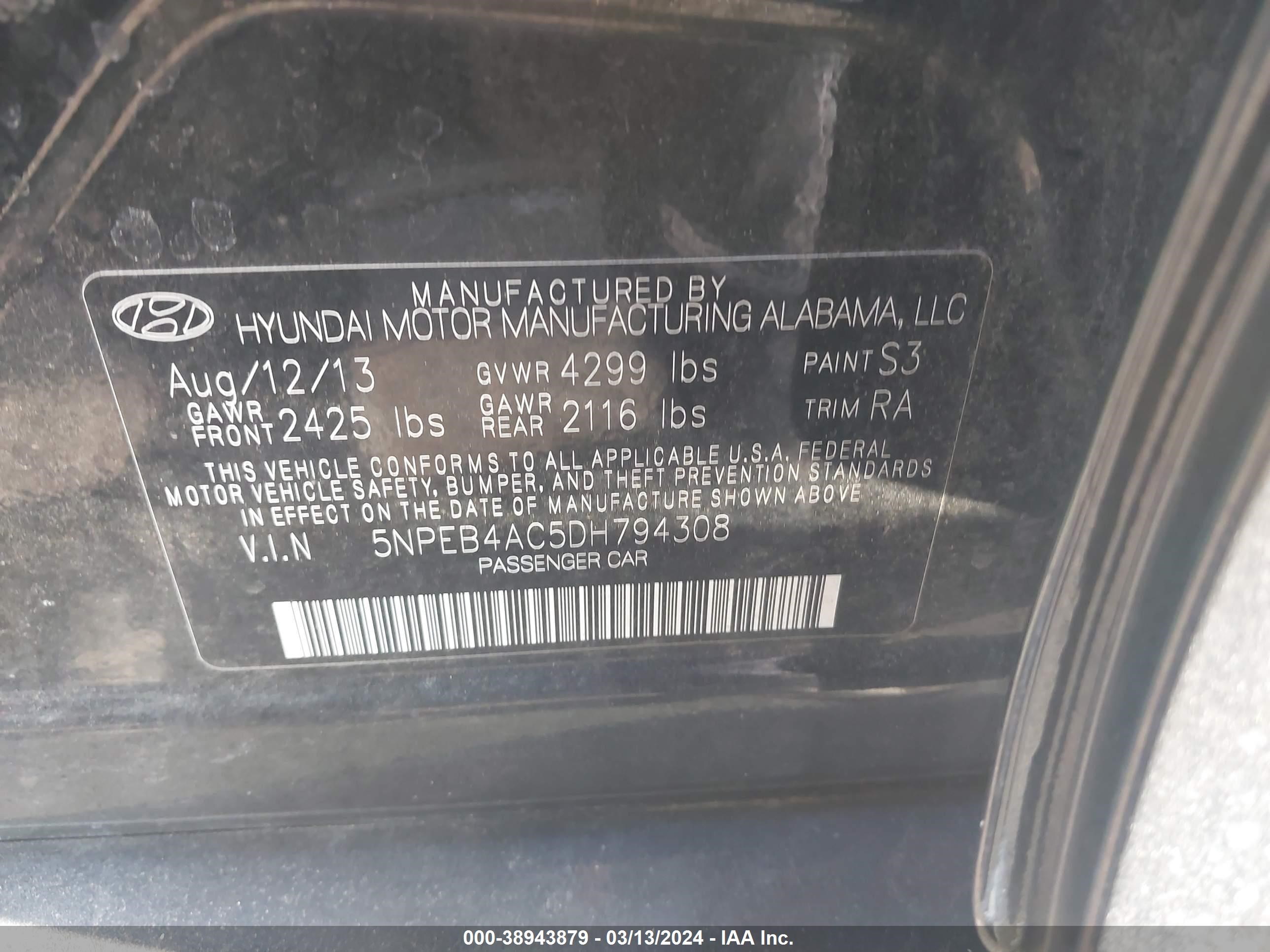 Photo 8 VIN: 5NPEB4AC5DH794308 - HYUNDAI SONATA 