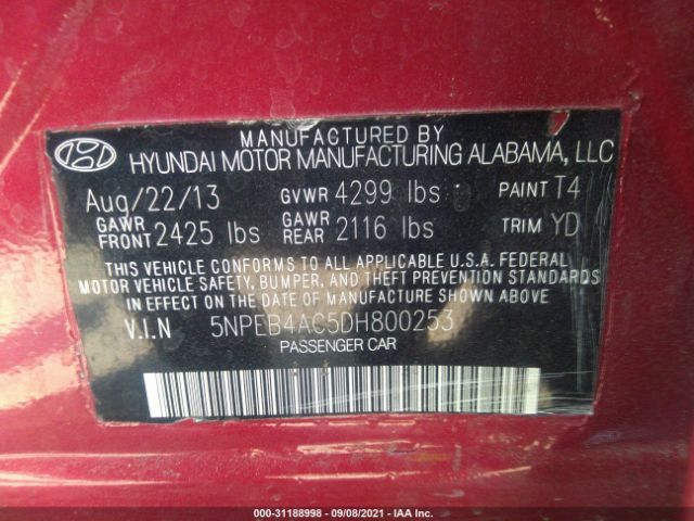 Photo 8 VIN: 5NPEB4AC5DH800253 - HYUNDAI SONATA 