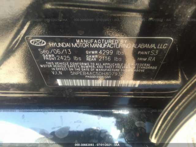 Photo 8 VIN: 5NPEB4AC5DH807932 - HYUNDAI SONATA 