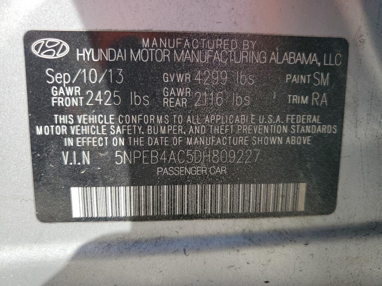 Photo 11 VIN: 5NPEB4AC5DH809227 - HYUNDAI SONATA 