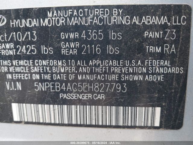 Photo 8 VIN: 5NPEB4AC5EH827793 - HYUNDAI SONATA 