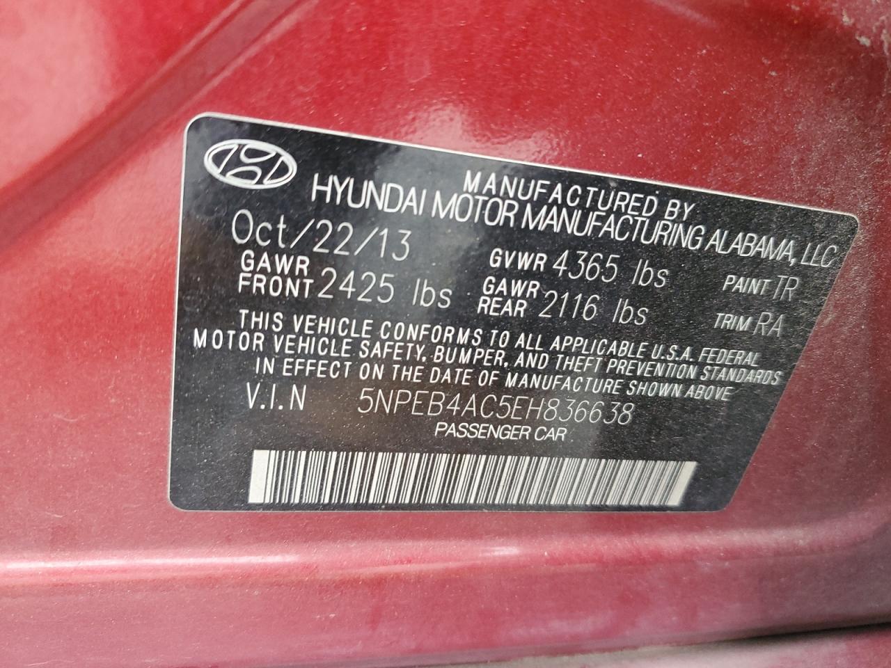 Photo 11 VIN: 5NPEB4AC5EH836638 - HYUNDAI SONATA 