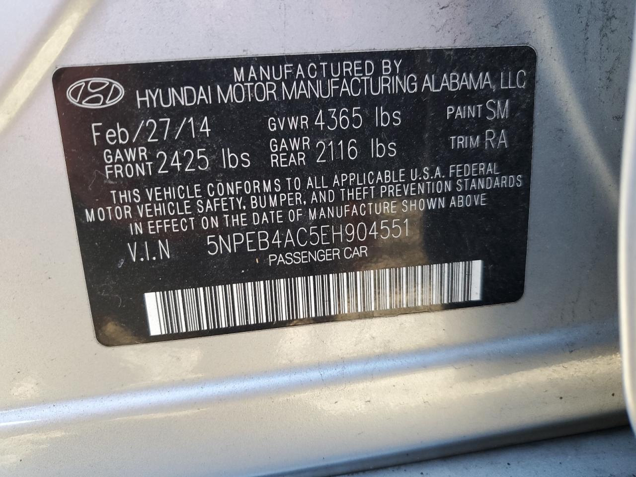 Photo 11 VIN: 5NPEB4AC5EH904551 - HYUNDAI SONATA 