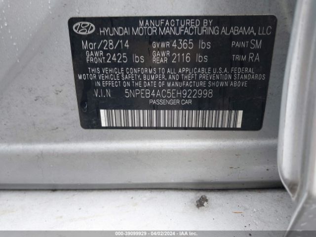 Photo 8 VIN: 5NPEB4AC5EH922998 - HYUNDAI SONATA 