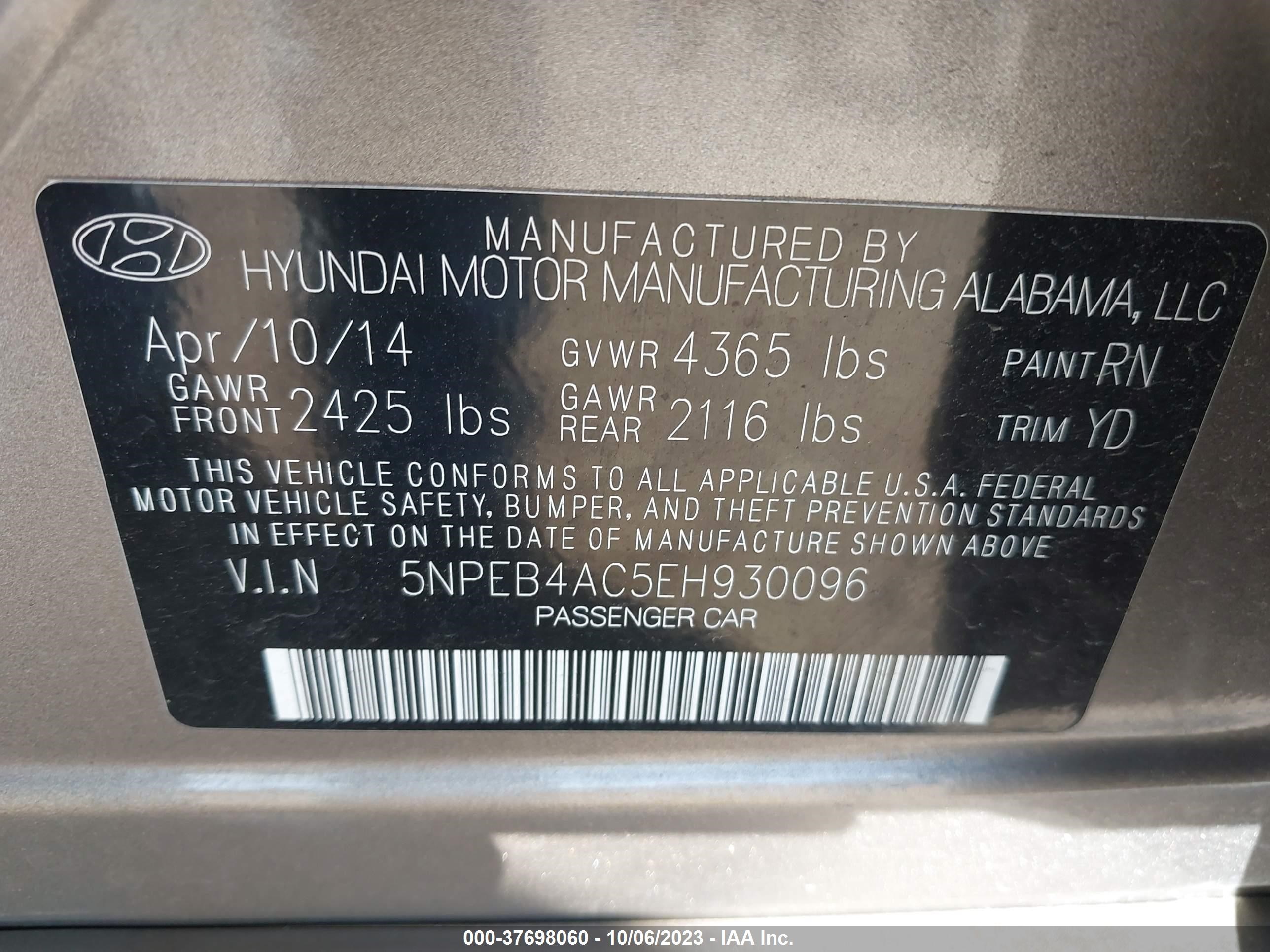 Photo 8 VIN: 5NPEB4AC5EH930096 - HYUNDAI SONATA 