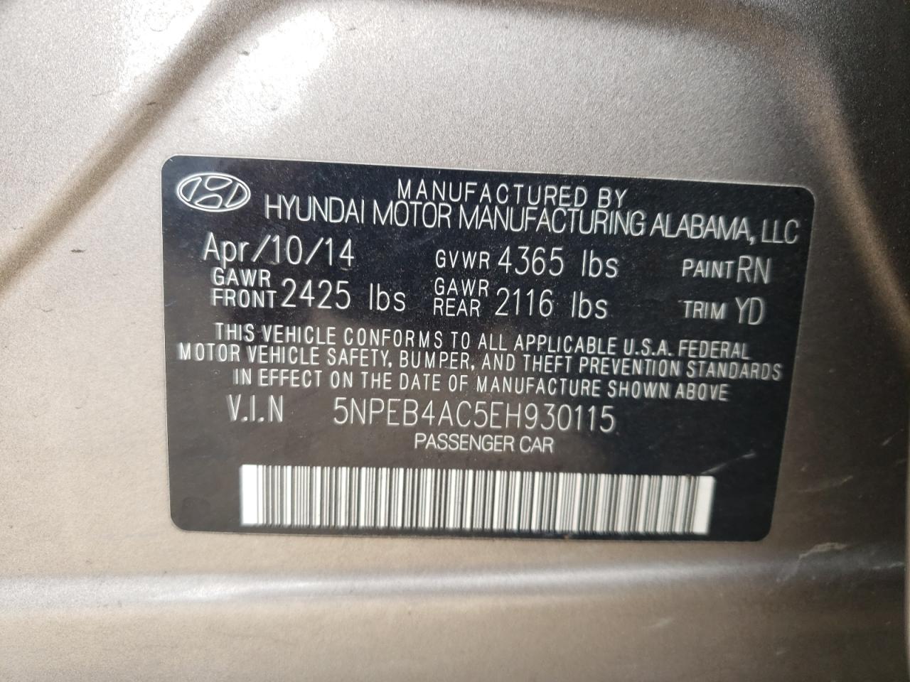 Photo 11 VIN: 5NPEB4AC5EH930115 - HYUNDAI SONATA 