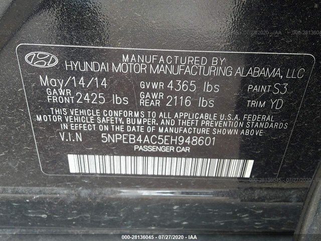 Photo 8 VIN: 5NPEB4AC5EH948601 - HYUNDAI SONATA 