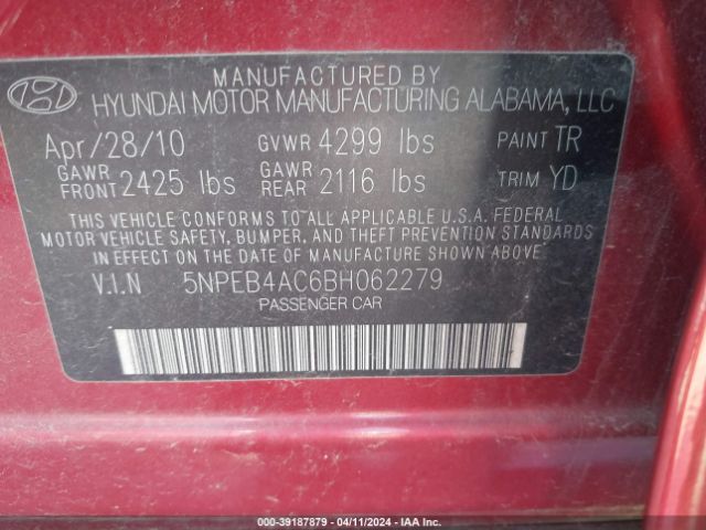 Photo 8 VIN: 5NPEB4AC6BH062279 - HYUNDAI SONATA 