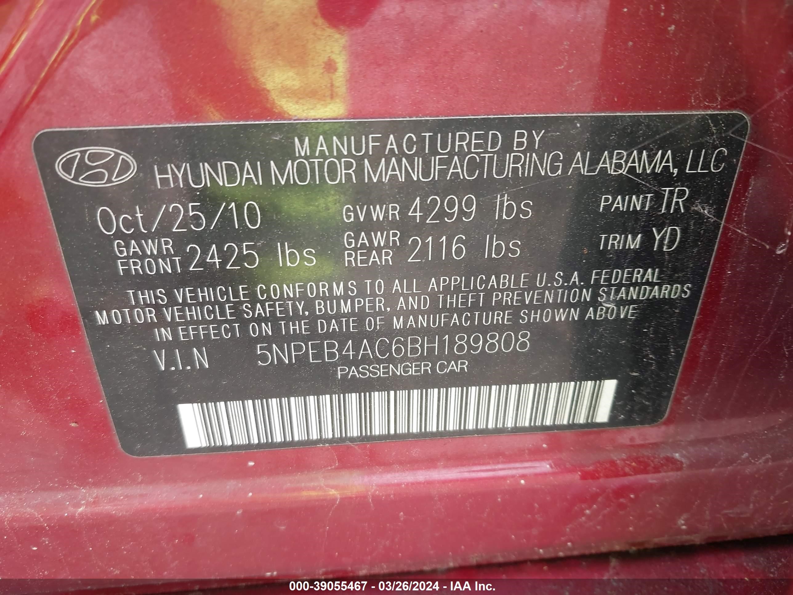 Photo 8 VIN: 5NPEB4AC6BH189808 - HYUNDAI SONATA 