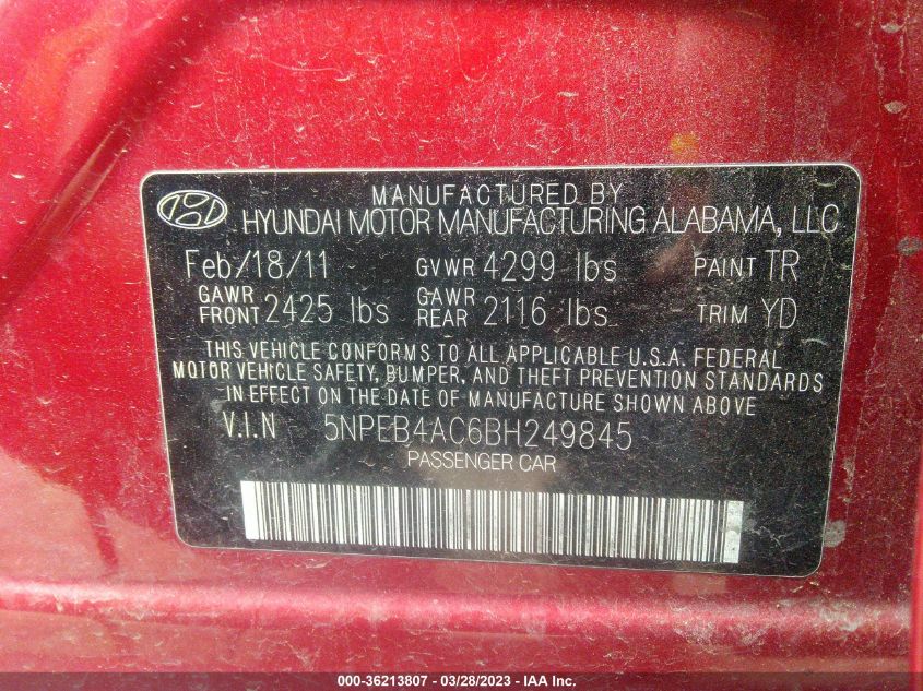 Photo 8 VIN: 5NPEB4AC6BH249845 - HYUNDAI SONATA 