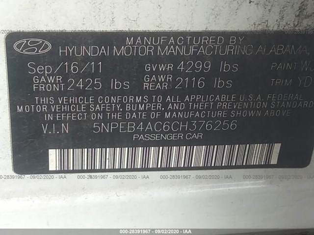 Photo 8 VIN: 5NPEB4AC6CH376256 - HYUNDAI SONATA 