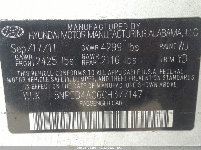 Photo 8 VIN: 5NPEB4AC6CH377147 - HYUNDAI SONATA 