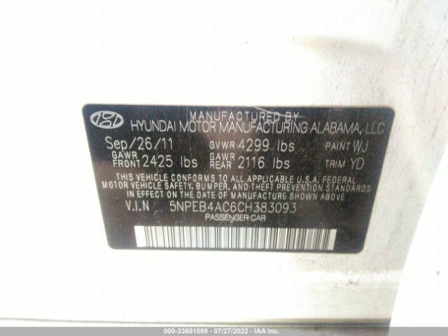 Photo 8 VIN: 5NPEB4AC6CH383093 - HYUNDAI SONATA 