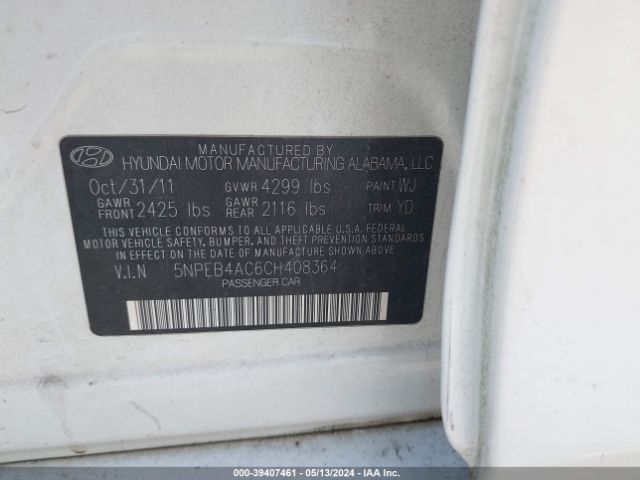 Photo 8 VIN: 5NPEB4AC6CH408364 - HYUNDAI SONATA 