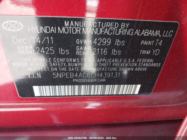 Photo 8 VIN: 5NPEB4AC6CH439131 - HYUNDAI SONATA 