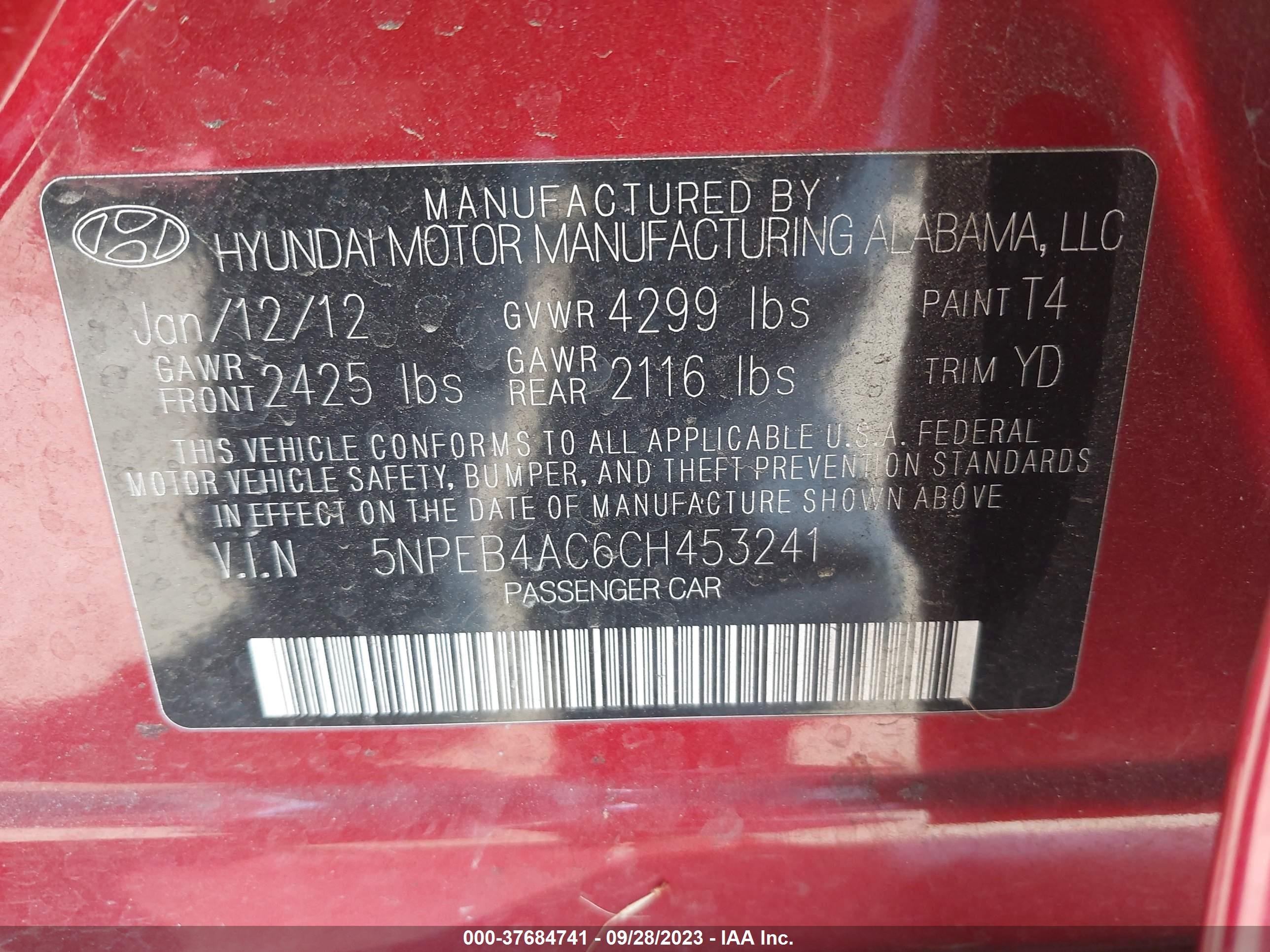 Photo 8 VIN: 5NPEB4AC6CH453241 - HYUNDAI SONATA 