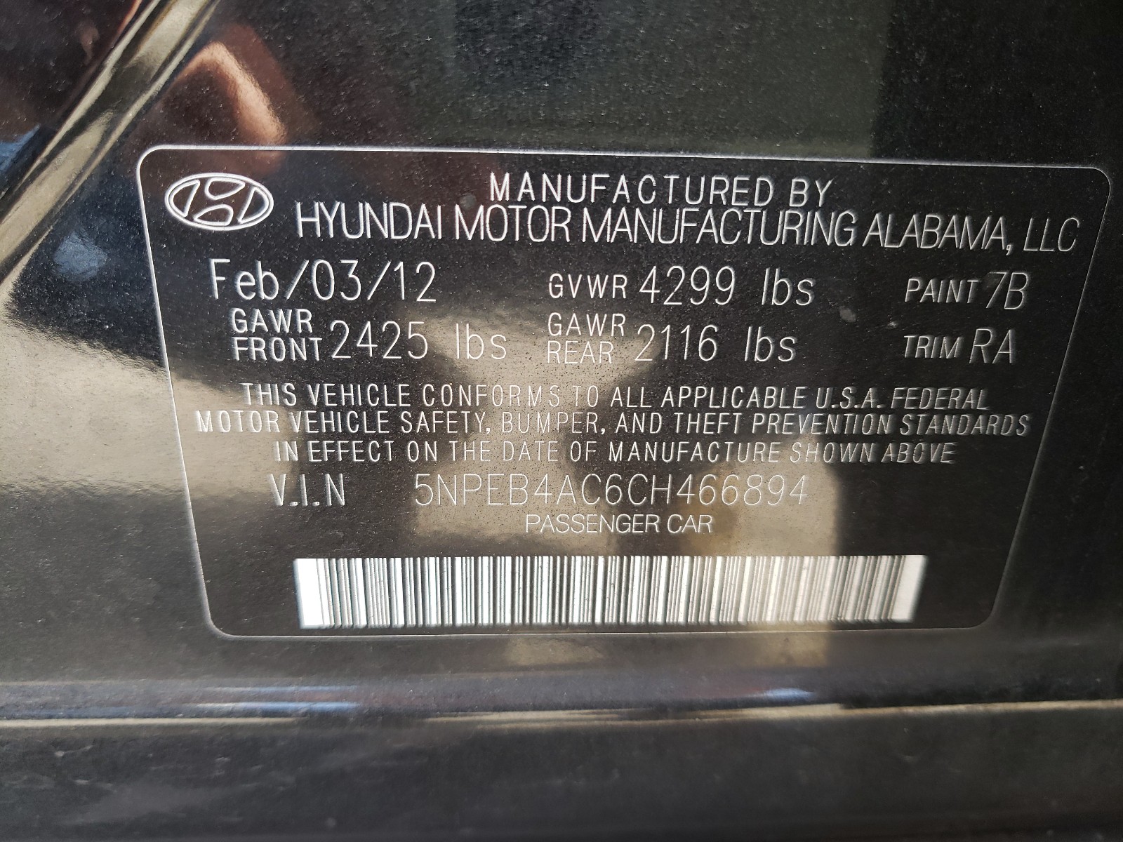 Photo 9 VIN: 5NPEB4AC6CH466894 - HYUNDAI SONATA GLS 