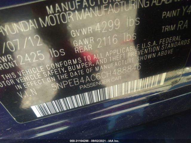 Photo 8 VIN: 5NPEB4AC6CH488846 - HYUNDAI SONATA 