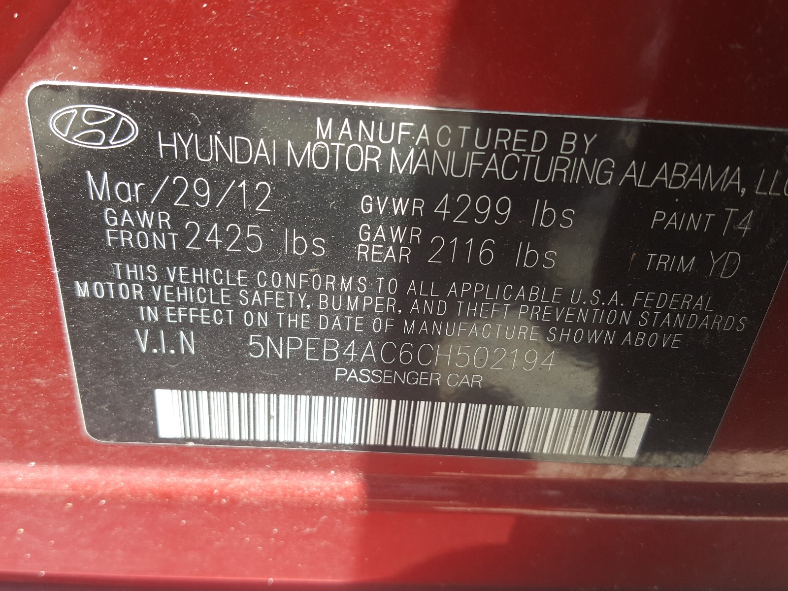 Photo 9 VIN: 5NPEB4AC6CH502194 - HYUNDAI SONATA GLS 