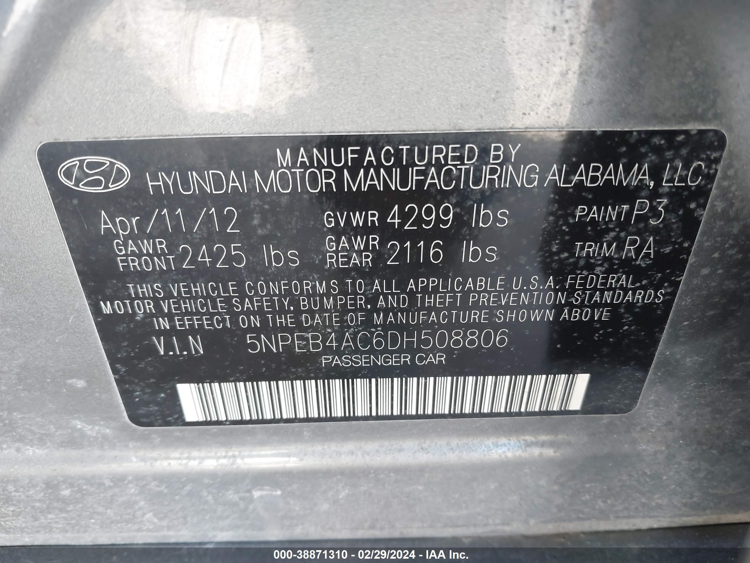 Photo 8 VIN: 5NPEB4AC6DH508806 - HYUNDAI SONATA 