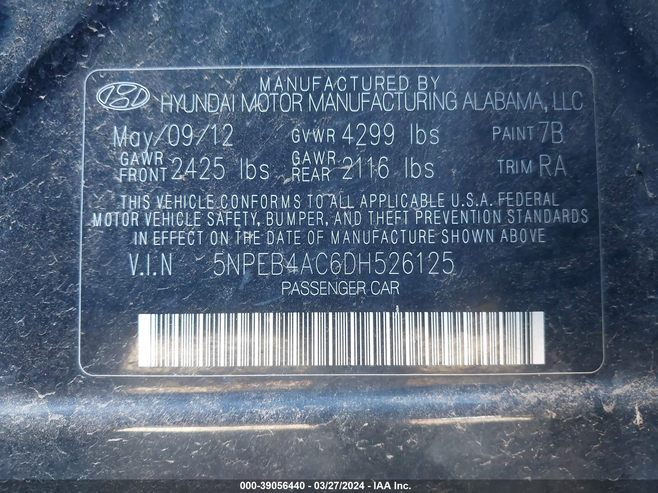 Photo 8 VIN: 5NPEB4AC6DH526125 - HYUNDAI SONATA 