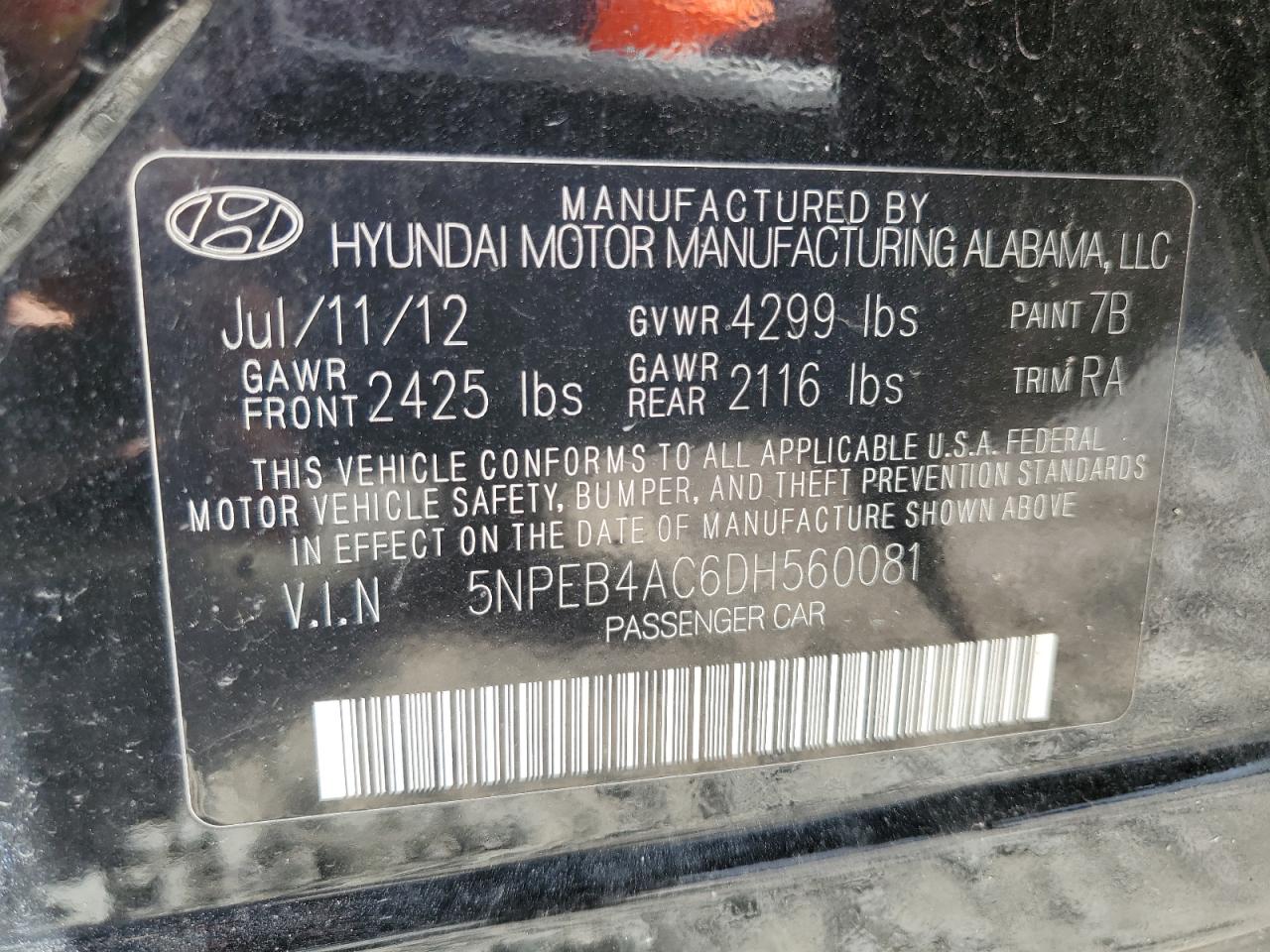 Photo 11 VIN: 5NPEB4AC6DH560081 - HYUNDAI SONATA 