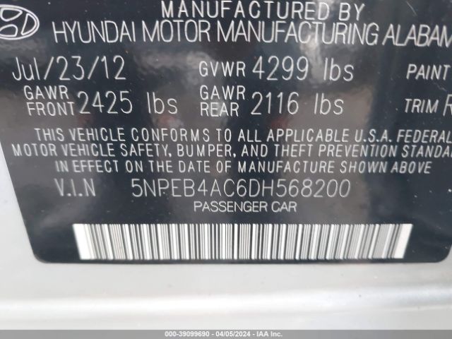 Photo 8 VIN: 5NPEB4AC6DH568200 - HYUNDAI SONATA 