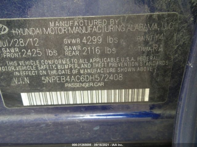 Photo 8 VIN: 5NPEB4AC6DH572408 - HYUNDAI SONATA 