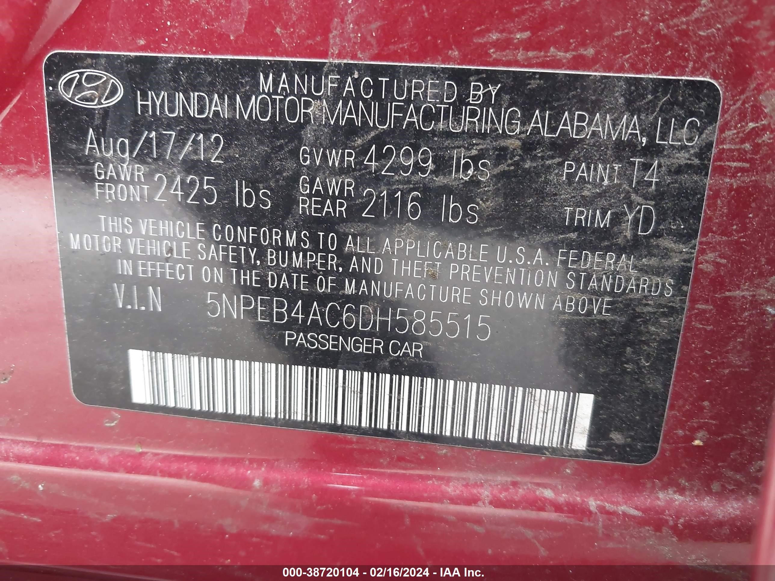 Photo 8 VIN: 5NPEB4AC6DH585515 - HYUNDAI SONATA 