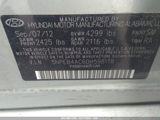 Photo 8 VIN: 5NPEB4AC6DH598118 - HYUNDAI SONATA 