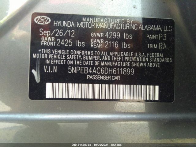 Photo 8 VIN: 5NPEB4AC6DH611899 - HYUNDAI SONATA 