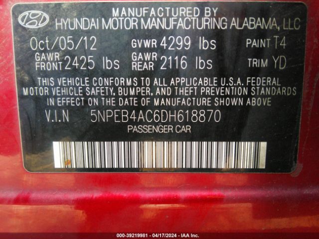 Photo 8 VIN: 5NPEB4AC6DH618870 - HYUNDAI SONATA 