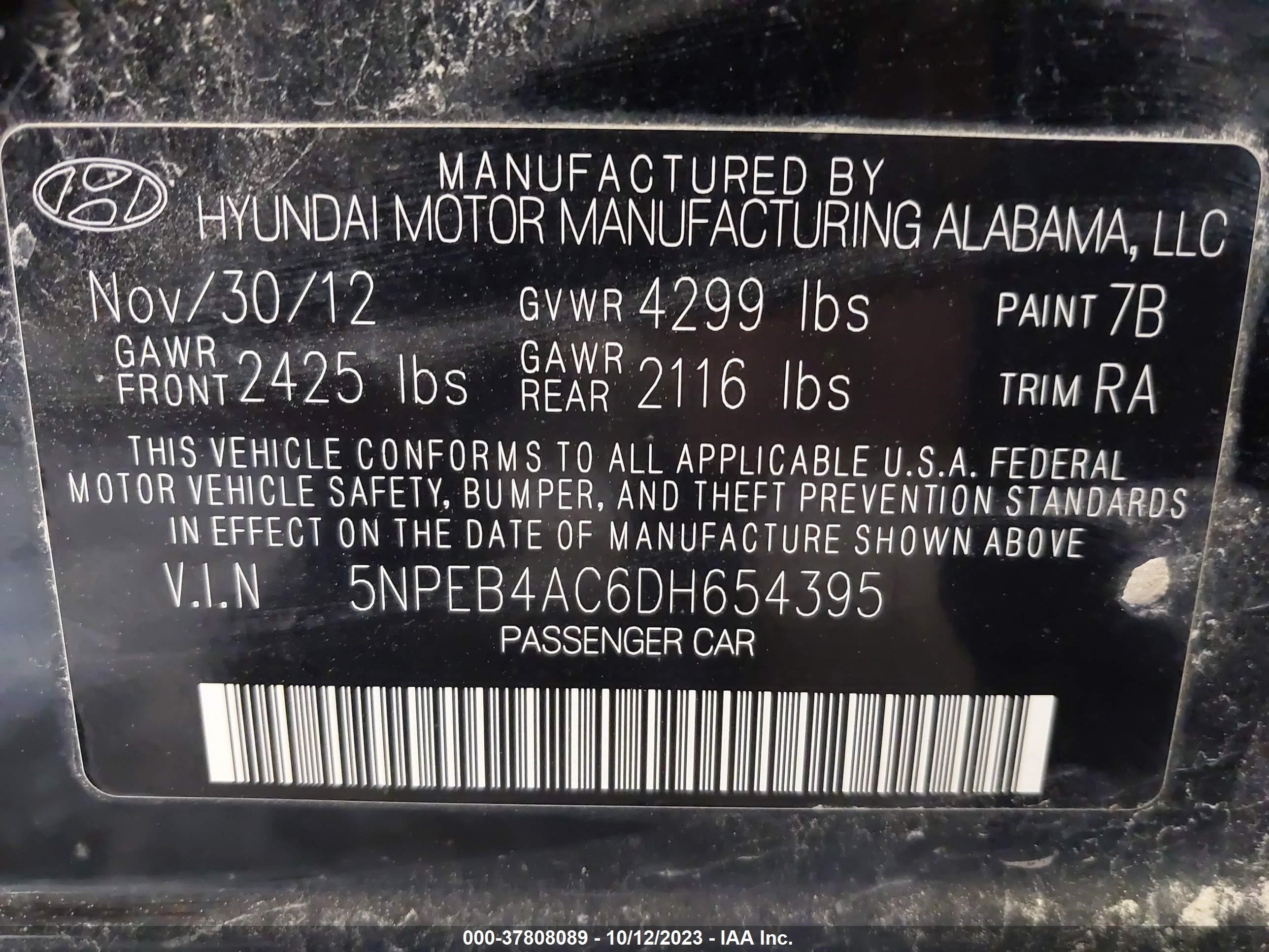 Photo 8 VIN: 5NPEB4AC6DH654395 - HYUNDAI SONATA 