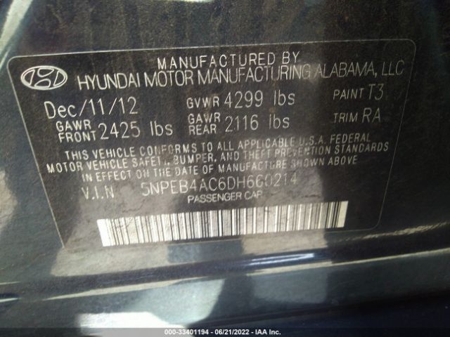 Photo 8 VIN: 5NPEB4AC6DH660214 - HYUNDAI SONATA 