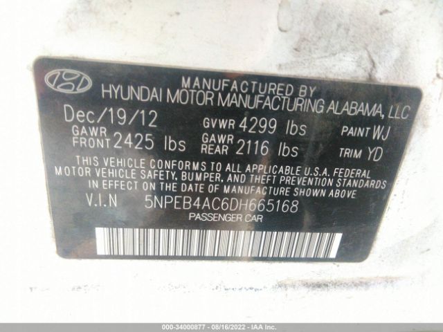 Photo 8 VIN: 5NPEB4AC6DH665168 - HYUNDAI SONATA 