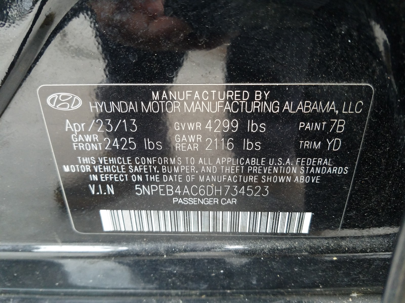 Photo 9 VIN: 5NPEB4AC6DH734523 - HYUNDAI SONATA GLS 