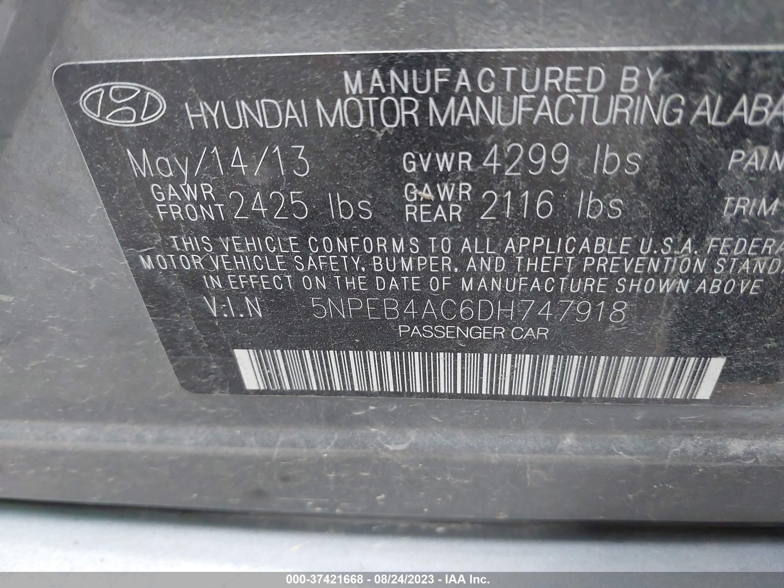 Photo 8 VIN: 5NPEB4AC6DH747918 - HYUNDAI SONATA 