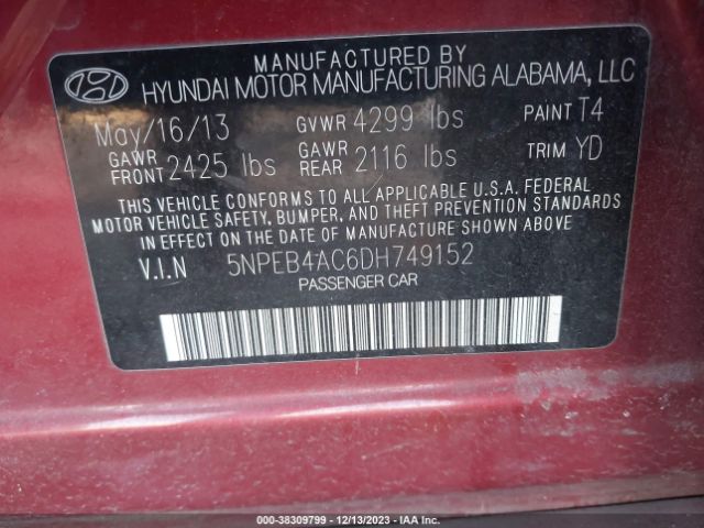 Photo 8 VIN: 5NPEB4AC6DH749152 - HYUNDAI SONATA 