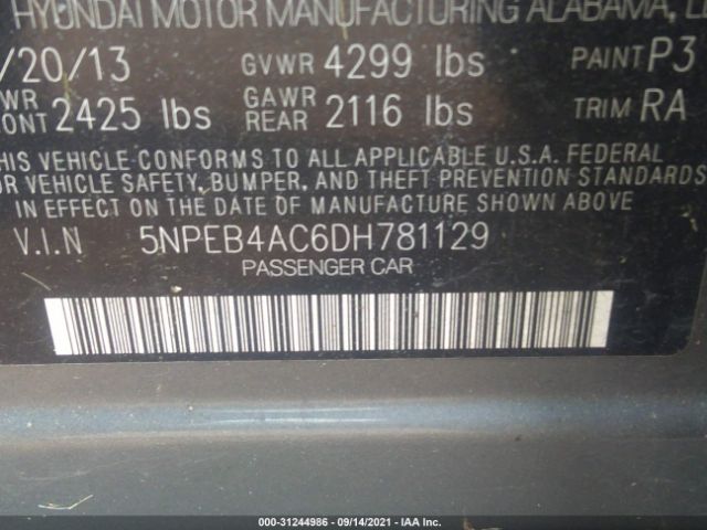 Photo 8 VIN: 5NPEB4AC6DH781129 - HYUNDAI SONATA 